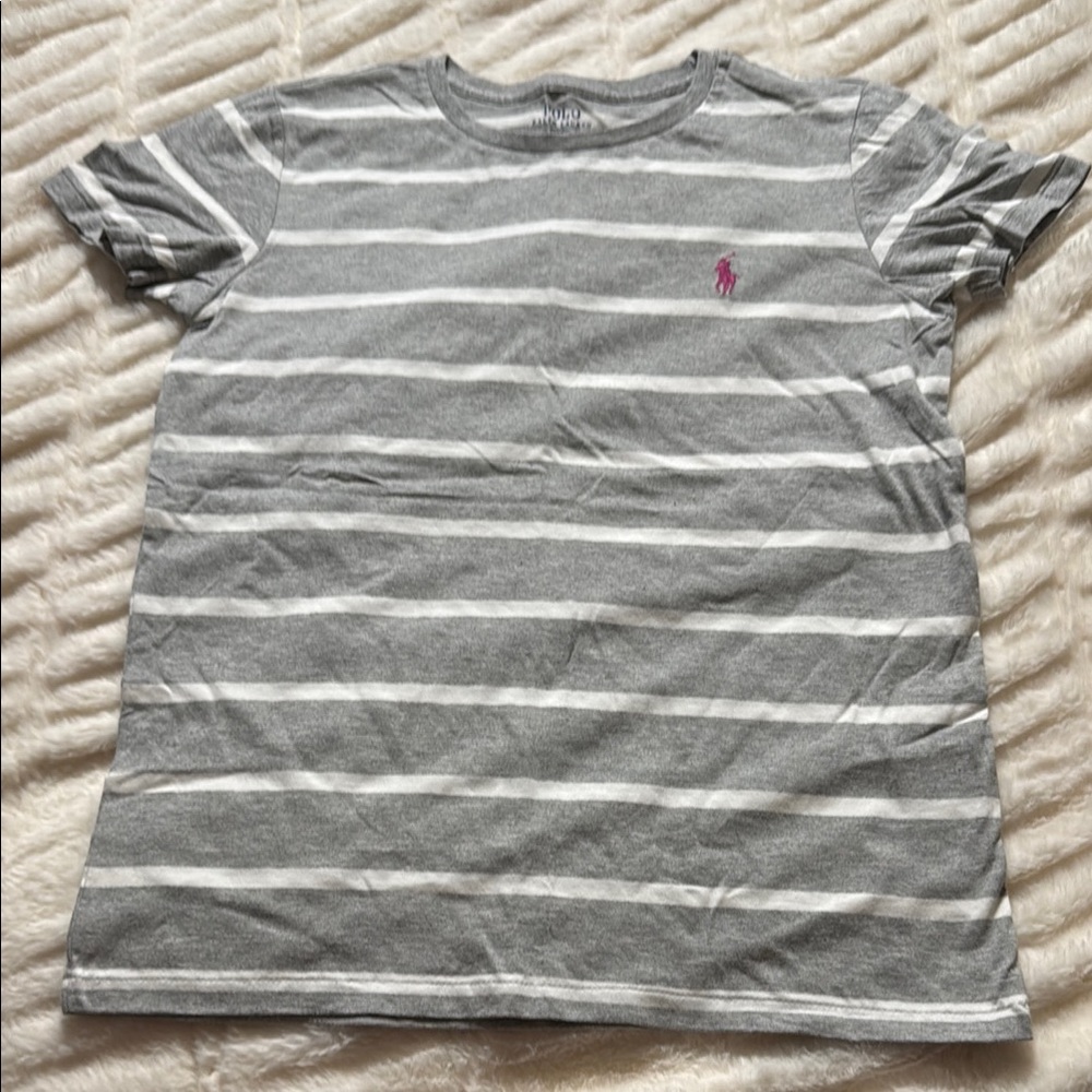 Ralph Lauren Gray Striped T-Shirt with Pink Logo Sz Medium
